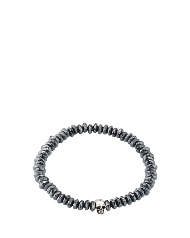 Jan Leslie Men's Hematite Beaded Bracelet with Sterling Silver Skull