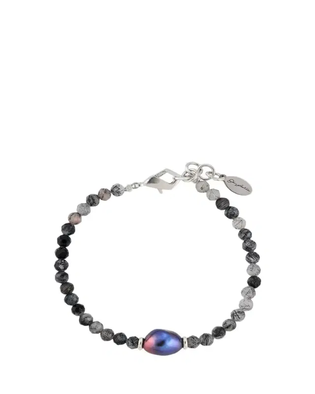 Jan Leslie Men's Rutliated Quartz Beaded Bracelet with Grey Pearl