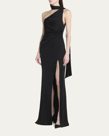 Tom Ford One-Shoulder Scarf-Neck Ruched Slit Gown | Thumbnail 4 Tom Ford One-Shoulder Scarf-Neck Ruched Slit Gown | Thumbnail 4
