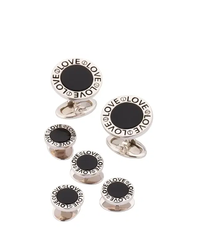 Jan Leslie Men's Black Onyx Love Sterling Silver Cufflink and Stud Set