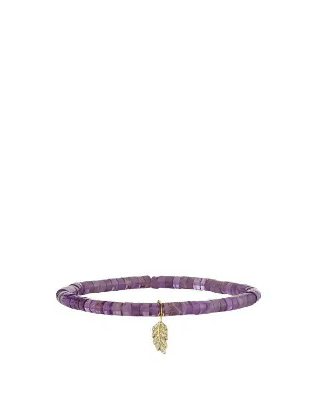 Sydney Evan 14K Gold Diamond Tiny Pave Feather on Amethyst Heishi Bracelet