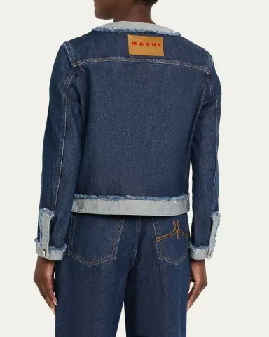 Marni Inside-Out Fringed Trim Denim Collarless Jacket | Thumbnail 3 Marni Inside-Out Fringed Trim Denim Collarless Jacket | Thumbnail 3