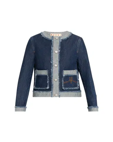 Marni Inside-Out Fringed Trim Denim Collarless Jacket | Thumbnail 1 Marni Inside-Out Fringed Trim Denim Collarless Jacket | Thumbnail 1