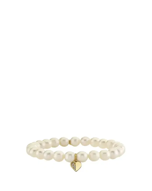Sydney Evan 14K Half Pave Heart Charm on Pearl Stretch Bracelet