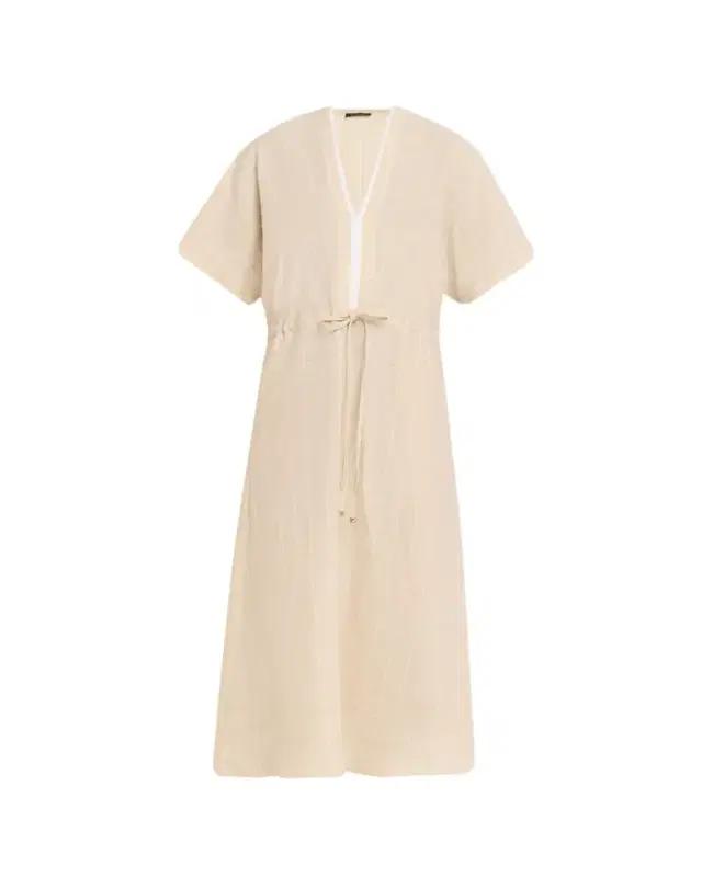 Drawstring Metallic Check Linen Midi Dress