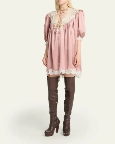 Chloé Lace-Trim Short-Sleeve Satin Mini Dress | Thumbnail 4 Chloé Lace-Trim Short-Sleeve Satin Mini Dress | Thumbnail 4