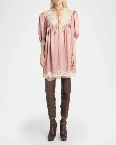 Chloé Lace-Trim Short-Sleeve Satin Mini Dress | Thumbnail 6 Chloé Lace-Trim Short-Sleeve Satin Mini Dress | Thumbnail 6