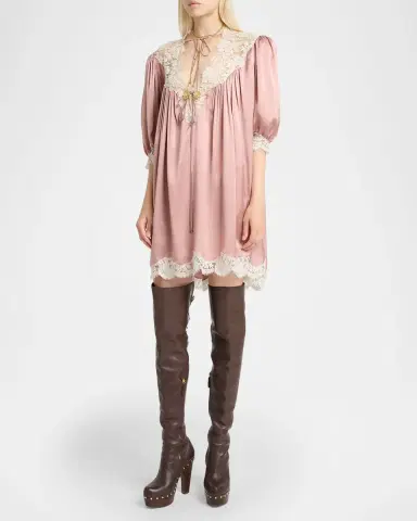 Chloé Lace-Trim Short-Sleeve Satin Mini Dress | Thumbnail 8 Chloé Lace-Trim Short-Sleeve Satin Mini Dress | Thumbnail 8