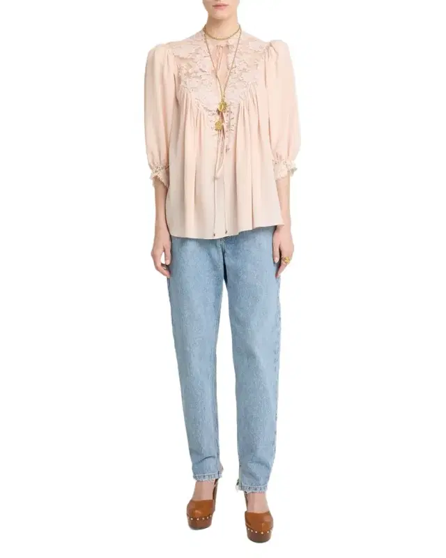Lace-Trim Puff-Sleeve Organic Silk Crepe De Chine Top