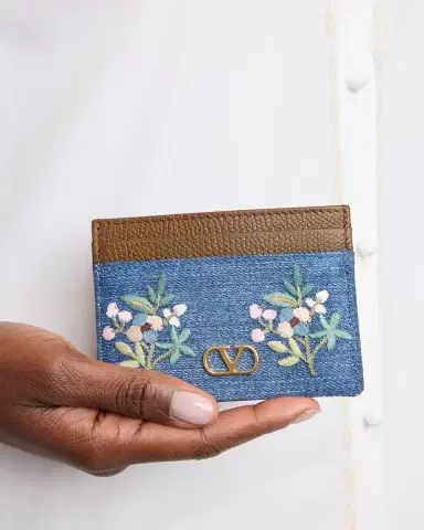 Valentino Garavani Floral-Embroidered Denim & Leather Card Holder | Thumbnail 2 Valentino Garavani Floral-Embroidered Denim & Leather Card Holder | Thumbnail 2