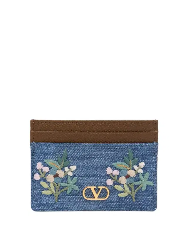 Valentino Garavani Floral-Embroidered Denim & Leather Card Holder