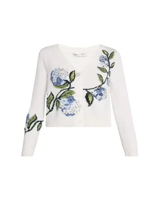 Oscar de la Renta Porcelain Flower Embroidered V-Neck Cardigan