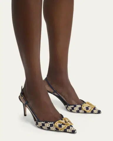 Valentino Garavani 80mm VLogo Crochet and Leather Slingback Pumps | Thumbnail 2