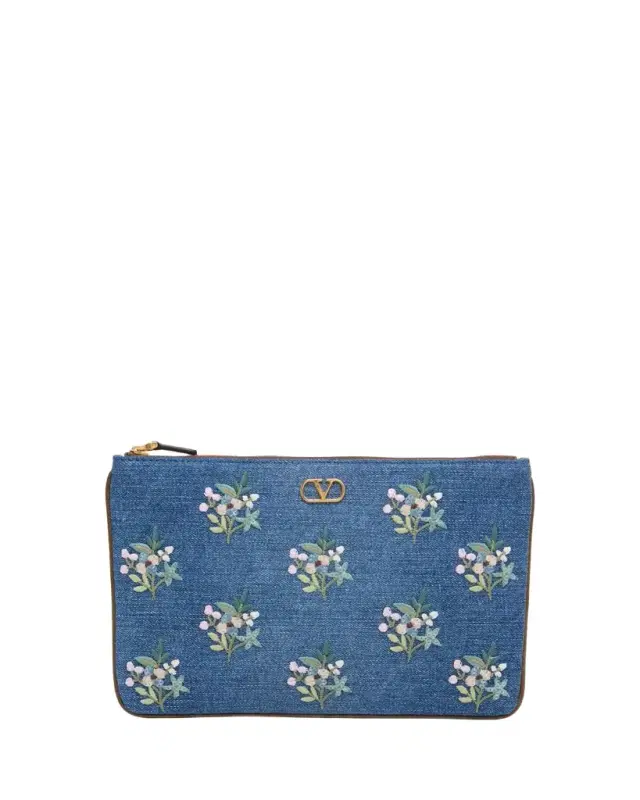 Floral-Embroidered Denim VLogo Clutch Bag