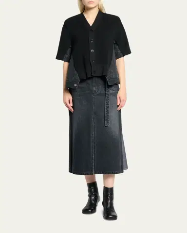 SACAI Mixed-Media Denim Short-Sleeve V-Neck Cardigan | Thumbnail 2 SACAI Mixed-Media Denim Short-Sleeve V-Neck Cardigan | Thumbnail 2