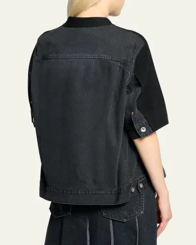 SACAI Mixed-Media Denim Short-Sleeve V-Neck Cardigan | Thumbnail 3 SACAI Mixed-Media Denim Short-Sleeve V-Neck Cardigan | Thumbnail 3