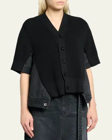SACAI Mixed-Media Denim Short-Sleeve V-Neck Cardigan | Thumbnail 4 SACAI Mixed-Media Denim Short-Sleeve V-Neck Cardigan | Thumbnail 4