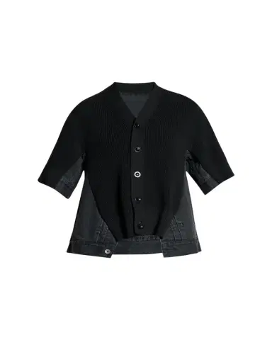 SACAI Mixed-Media Denim Short-Sleeve V-Neck Cardigan | Thumbnail 1 SACAI Mixed-Media Denim Short-Sleeve V-Neck Cardigan | Thumbnail 1