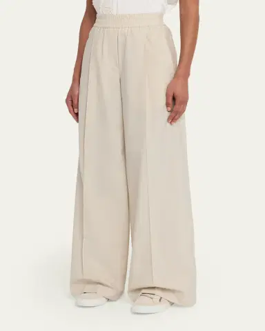 Brunello Cucinelli Techno Cotton Pleat Wide-Leg Pull-On Track Pants | Thumbnail 3