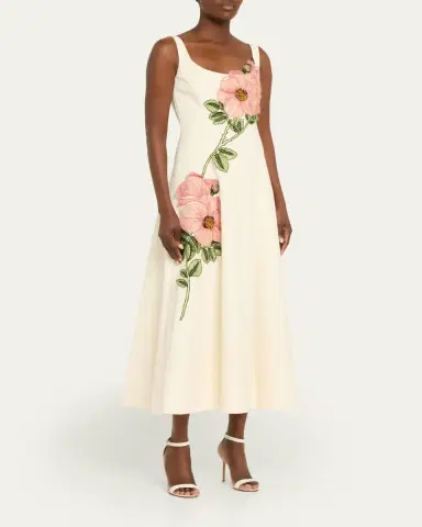 Lela Rose Peony Embroidered Sleeveless Midi Dress | Thumbnail 4