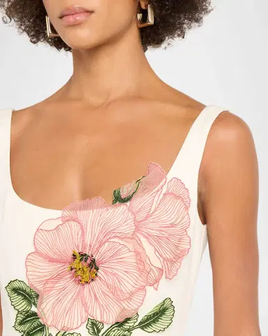 Lela Rose Peony Embroidered Sleeveless Midi Dress | Thumbnail 9