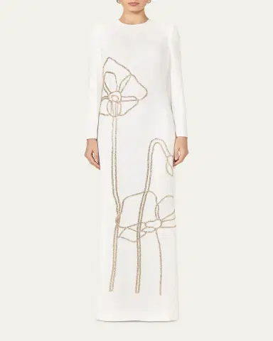 Costarellos Zarie Crystal Flower Long-Sleeve Column Gown | Thumbnail 2