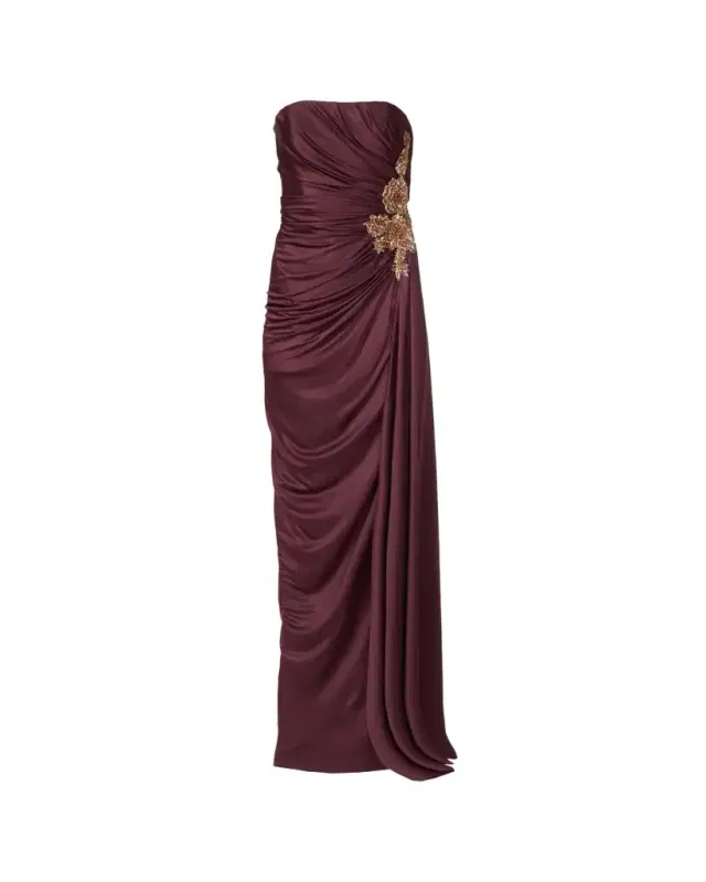 Lorinne Strapless Crystal Draped Jersey Gown