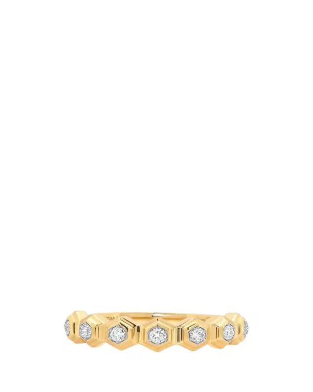 Honey Comb 18K Gold & Diamond Hexagon Band Ring