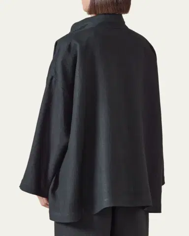 Eskandar Heavyweight Linen Angle-To-Front Double Stand Collar Jacket - Long Length | Thumbnail 3 Eskandar Heavyweight Linen Angle-To-Front Double Stand Collar Jacket - Long Length | Thumbnail 3