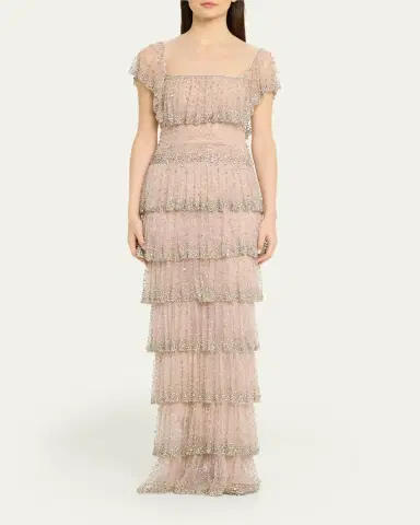 Costarellos Jesenia Crystal Ruffle Square-Neck Illusion Gown | Thumbnail 2 Costarellos Jesenia Crystal Ruffle Square-Neck Illusion Gown | Thumbnail 2