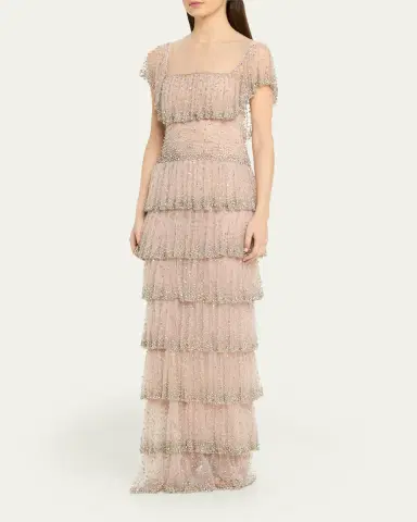Costarellos Jesenia Crystal Ruffle Square-Neck Illusion Gown | Thumbnail 4 Costarellos Jesenia Crystal Ruffle Square-Neck Illusion Gown | Thumbnail 4