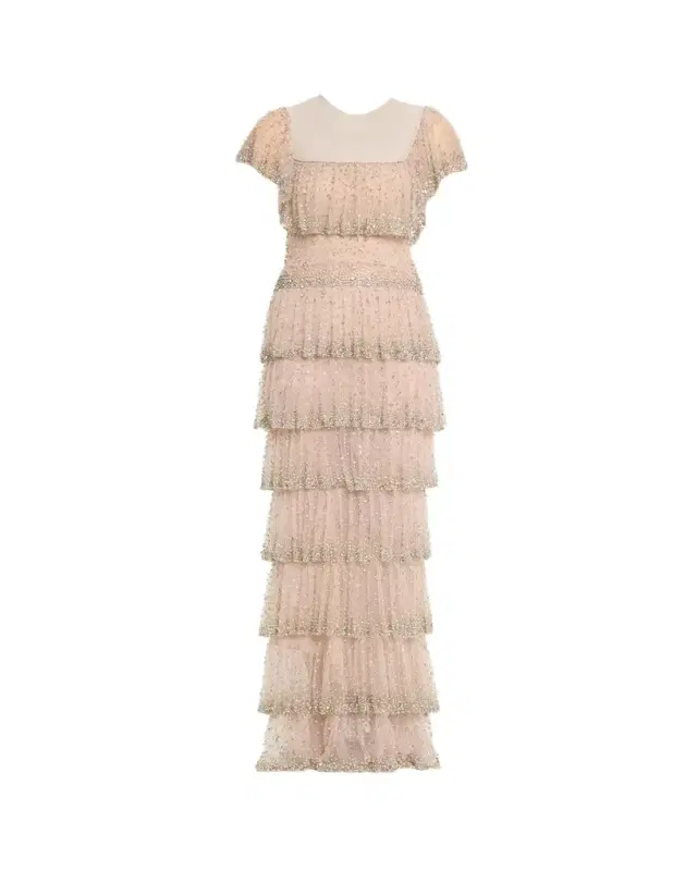 Jesenia Crystal Ruffle Square-Neck Illusion Gown