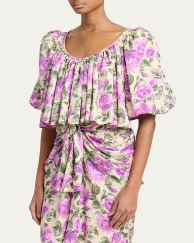 Chloé Floral Silk Puff-Sleeve Ruffle Crop Top | Thumbnail 4