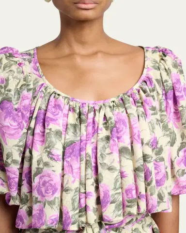 Chloé Floral Silk Puff-Sleeve Ruffle Crop Top | Thumbnail 5