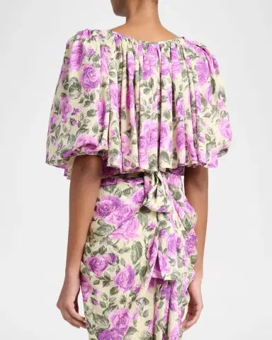 Chloé Floral Silk Puff-Sleeve Ruffle Crop Top | Thumbnail 7