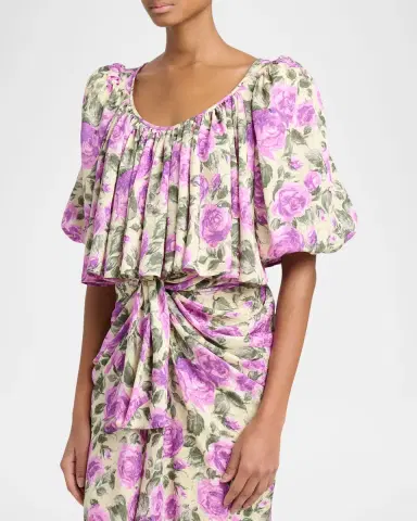 Chloé Floral Silk Puff-Sleeve Ruffle Crop Top | Thumbnail 8