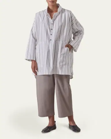 Eskandar Sloped Shoulder Wide A-Line Artists Smock With Pleated Collar - Long Plus Length | Thumbnail 2 Eskandar Sloped Shoulder Wide A-Line Artists Smock With Pleated Collar - Long Plus Length | Thumbnail 2