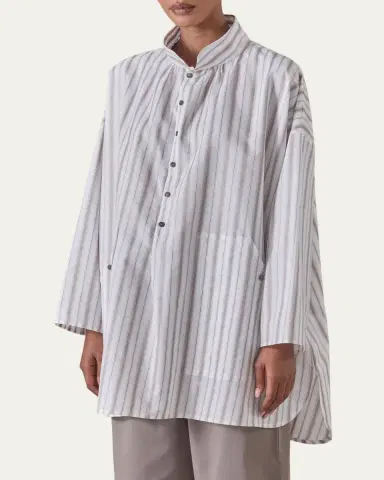 Eskandar Sloped Shoulder Wide A-Line Artists Smock With Pleated Collar - Long Plus Length | Thumbnail 4 Eskandar Sloped Shoulder Wide A-Line Artists Smock With Pleated Collar - Long Plus Length | Thumbnail 4