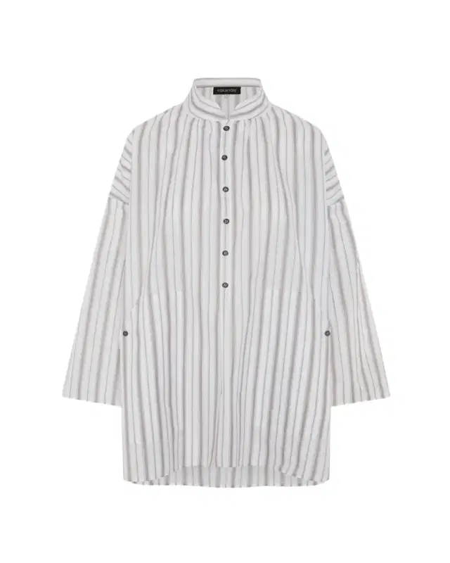 Eskandar Sloped Shoulder Wide A-Line Artists Smock With Pleated Collar - Long Plus Length
