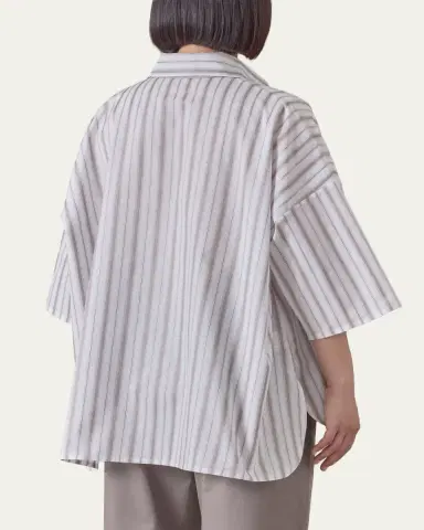 Eskandar Cotton Sloped Shoulder Wide A-Line Short Sleeve Shirt With Collar - Mid Plus Length | Thumbnail 3 Eskandar Cotton Sloped Shoulder Wide A-Line Short Sleeve Shirt With Collar - Mid Plus Length | Thumbnail 3