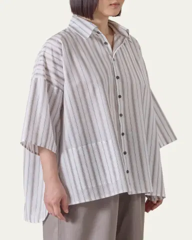 Eskandar Cotton Sloped Shoulder Wide A-Line Short Sleeve Shirt With Collar - Mid Plus Length | Thumbnail 4 Eskandar Cotton Sloped Shoulder Wide A-Line Short Sleeve Shirt With Collar - Mid Plus Length | Thumbnail 4