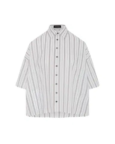 Eskandar Cotton Sloped Shoulder Wide A-Line Short Sleeve Shirt With Collar - Mid Plus Length | Thumbnail 1 Eskandar Cotton Sloped Shoulder Wide A-Line Short Sleeve Shirt With Collar - Mid Plus Length | Thumbnail 1