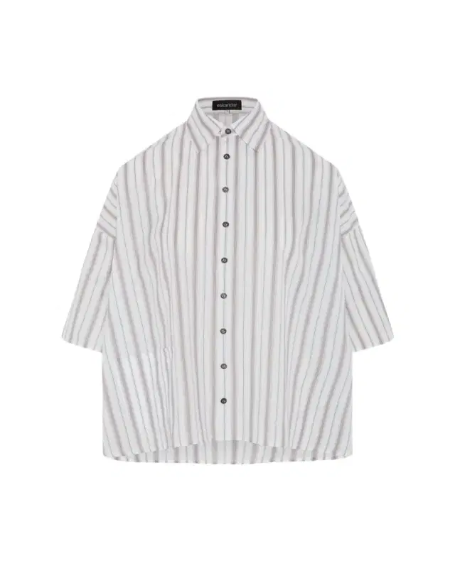Eskandar Cotton Sloped Shoulder Wide A-Line Short Sleeve Shirt With Collar - Mid Plus Length