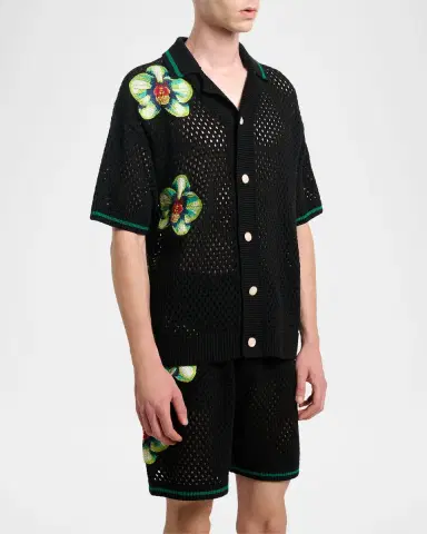 CASABLANCA Men's Orchid Embroidered Crochet Short-Sleeve Cardigan | Thumbnail 8 CASABLANCA Men's Orchid Embroidered Crochet Short-Sleeve Cardigan | Thumbnail 8