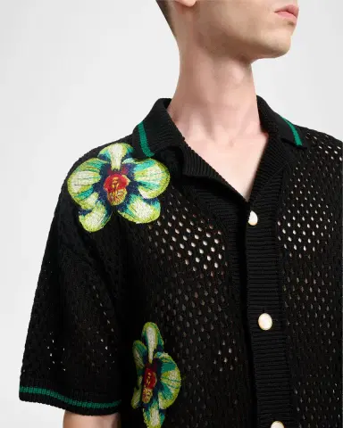 CASABLANCA Men's Orchid Embroidered Crochet Short-Sleeve Cardigan | Thumbnail 9 CASABLANCA Men's Orchid Embroidered Crochet Short-Sleeve Cardigan | Thumbnail 9