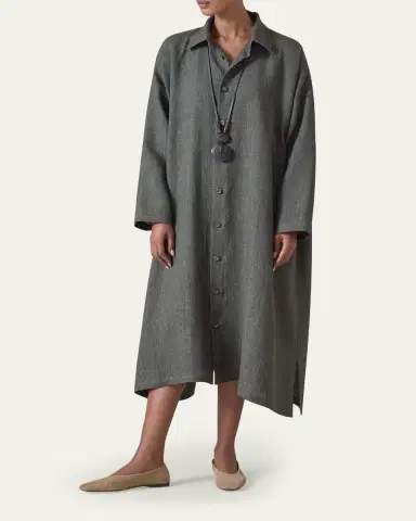 Eskandar Heavyweight Delave Linen Wide A-Line Shirt Dress With Collar | Thumbnail 2 Eskandar Heavyweight Delave Linen Wide A-Line Shirt Dress With Collar | Thumbnail 2