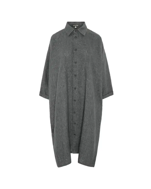 Eskandar Heavyweight Delave Linen Wide A-Line Shirt Dress With Collar