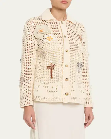 Alanui Where The Waves Begin Embellished Net Knit Collared Cardigan | Thumbnail 4
