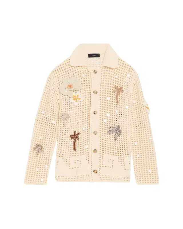 Alanui Where The Waves Begin Embellished Net Knit Collared Cardigan