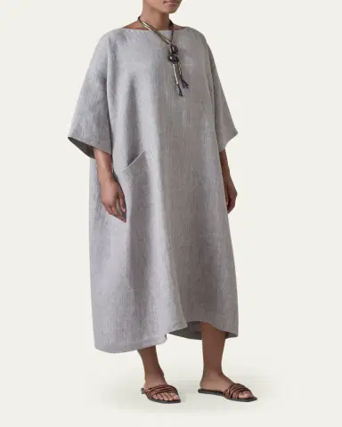 Eskandar Heavyweight Delave Linen Angle-To-Front Side Seam Scoop Neck T-Shirt Dress | Thumbnail 2 Eskandar Heavyweight Delave Linen Angle-To-Front Side Seam Scoop Neck T-Shirt Dress | Thumbnail 2